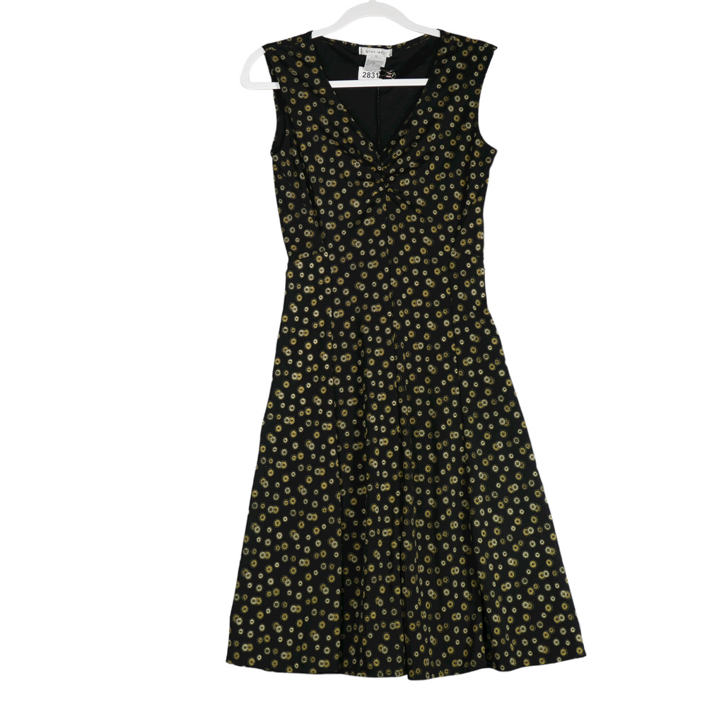 Nine West Sheath Dress Women Small Black Brown Ruched Bust Fit Flare Elegant
